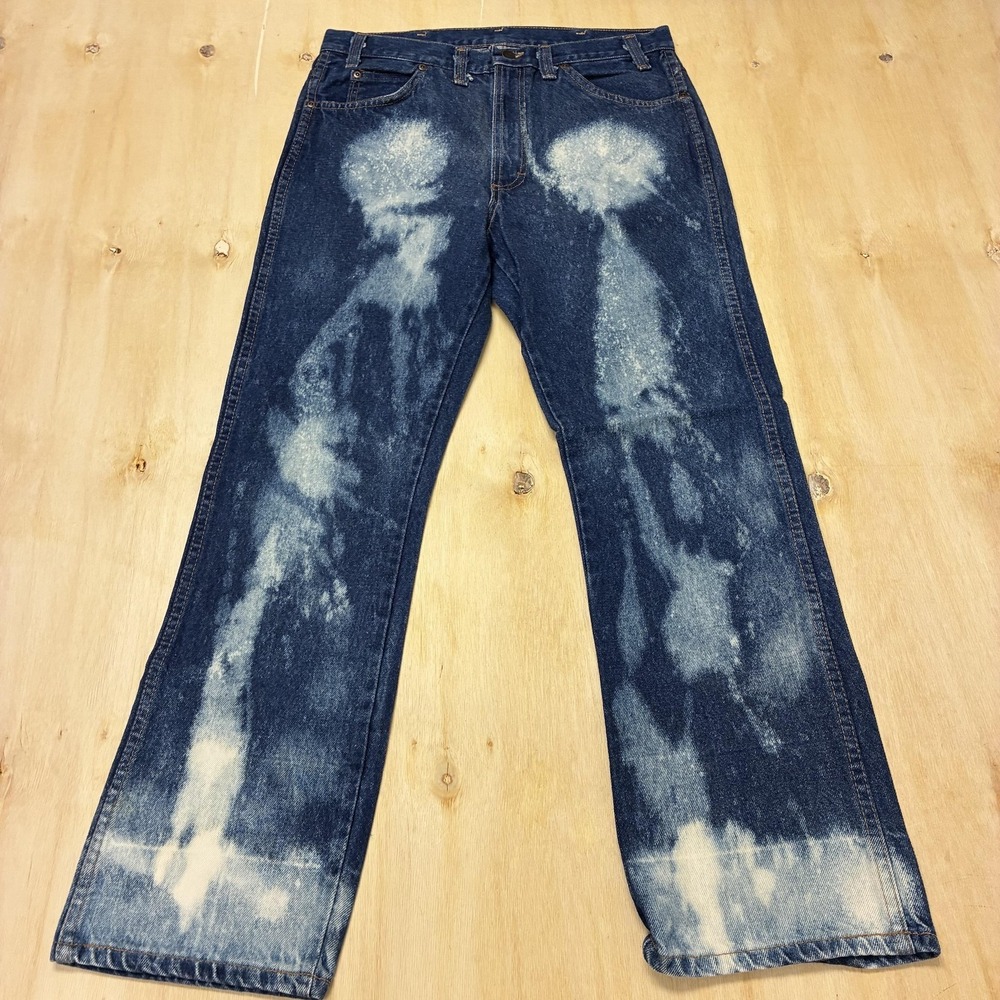 Vintage Wide Leg Jeans Men 32x28 Bleach Wash Blue Denim Relaxed Distressed Pants